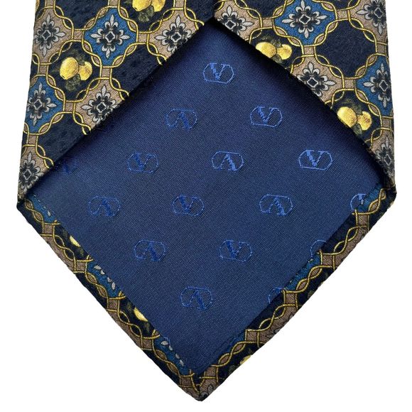 Valentino Cravatte Vintage Men’s Sil Tie Italy Blue Gold Geometric Pattern - Picture 7 of 10